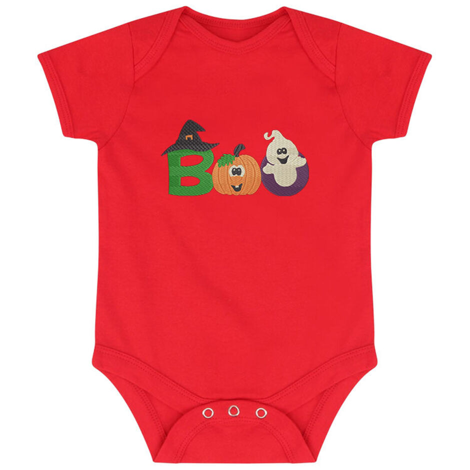Boo-Embroidered-Short-Sleeve-Red Baby-Grow