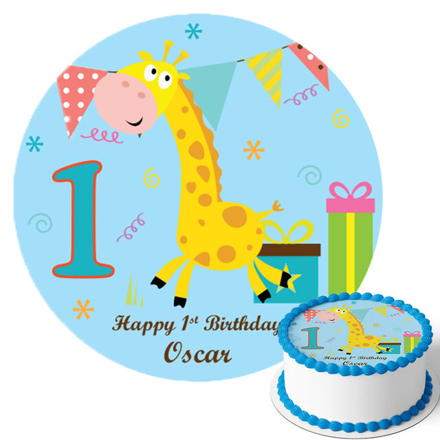1st Birthday Giraffe - Blue (Round Cake Topper)