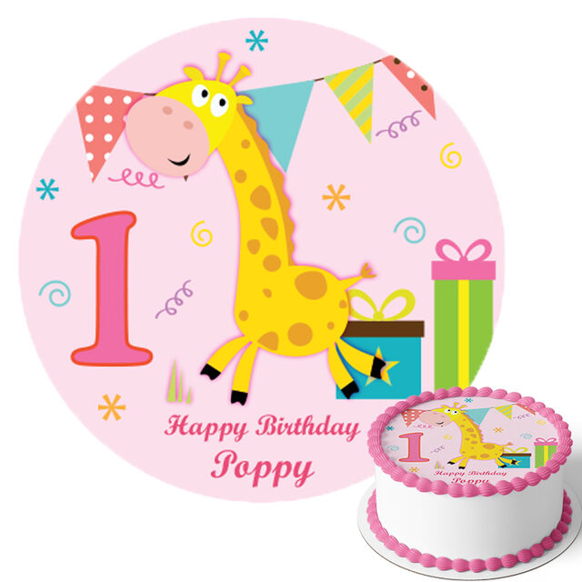 1st Birthday Giraffe - Pink (Round Cake Topper)