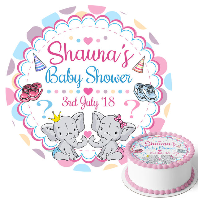 Baby Shower Cute Elephants Gender Reveal (Round Cake Topper)