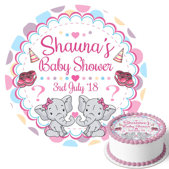 Girls Baby Shower Cute Elephants (Round Cake Topper)