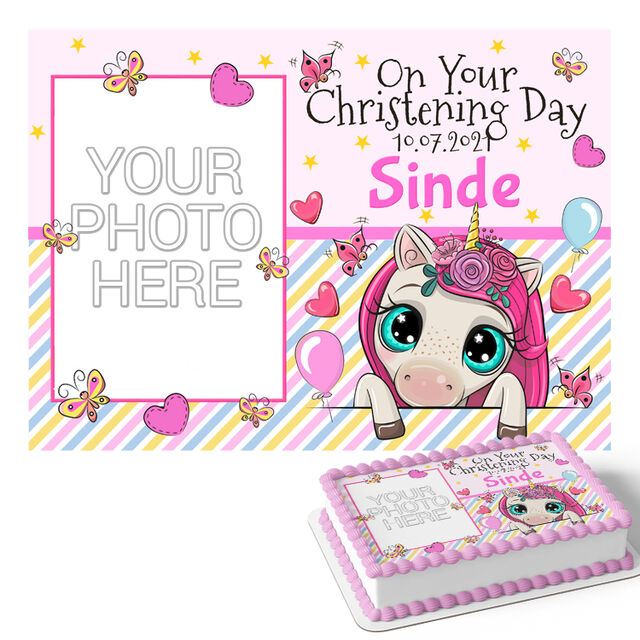 Cute Unicorn Christening (Rectangle Cake Topper)