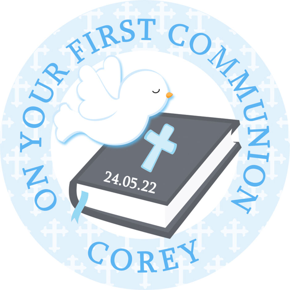 On-your-First-Communion-Personalised-Round-Edible-Cake-Topper-Blue