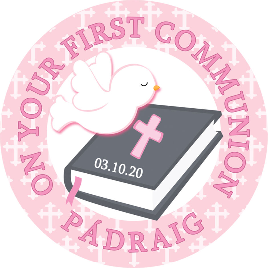 On-your-First-Communion-Personalised-Round-Edible-Cake-Topper-Pink