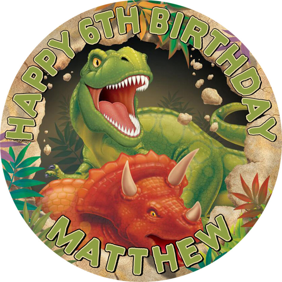 Dinosaur-T-Rex-and-Tricertrops-Personalsied-Round-Edible-Cake-Topper