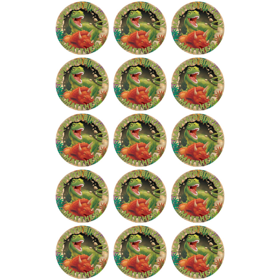 Dinosaur-T-Rex-and-Tricertrops-Personalsied-Round-Edible-Cup-Cake-Toppers
