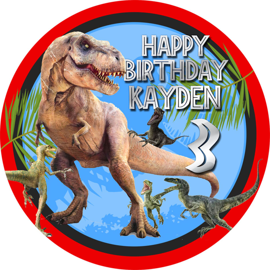 Dinosaur-T-Rex-and-Velociraptor-Personalsied-Round-Edible-Cake-Topper