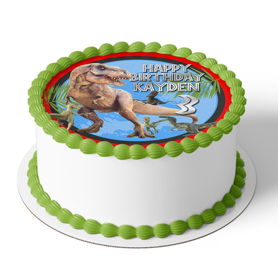 Dinosaur-T-Rex-and-Velociraptor-Personalsied-Round-Edible-Cake-Topper-Cake-View