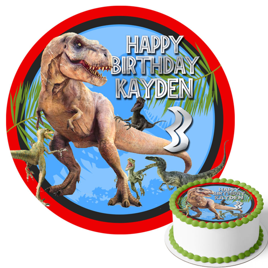 Dinosaur-T-Rex-and-Velociraptor-Personalsied-Round-Edible-Cake-Topper Main Image