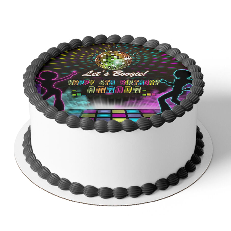 Disco-Theme-Personalised-Round-Edible-Cake-Topper-Cake-View