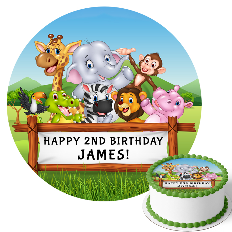Personalised Safari Animals Cake Topper - Edible Rectangle Icing Decoration For Birthday Cakes