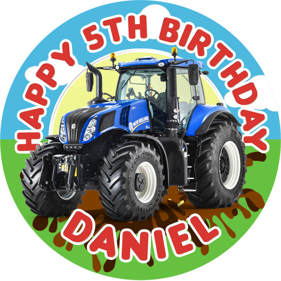 Kids-Tractor-Personalised-Round-Edible-Cake-Topper-b