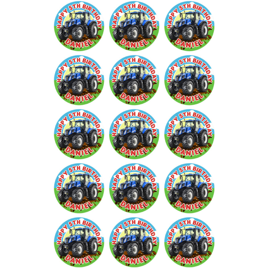 Kids-Tractor-Personalised-Round-Edible-Cup-Cake-Toppers-b