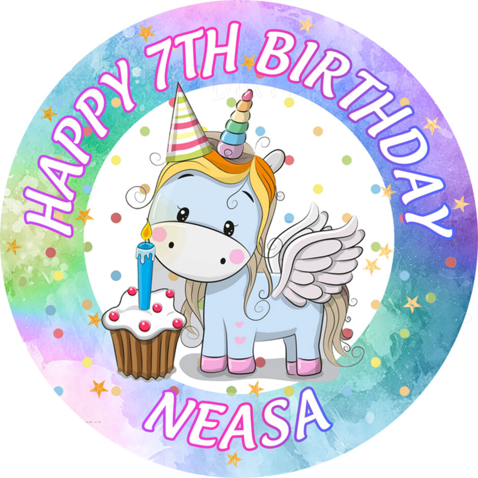 Unicorn-and-cupake-Personalised-Round-Edible-Cake-Topper