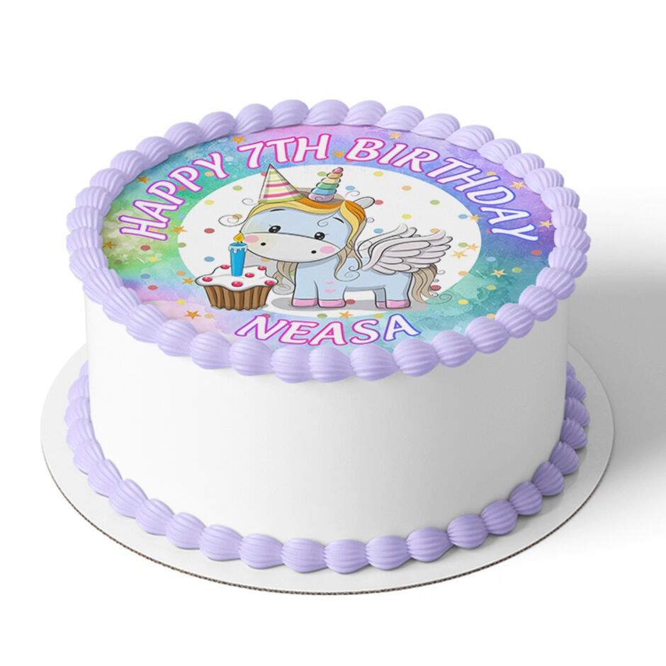 Unicorn-and-cupake-Personalised-Round-Edible-Cake-Topper-Cake-View