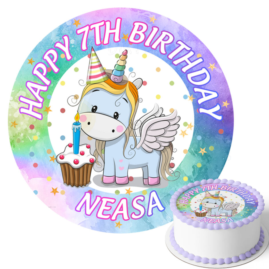 Unicorn-and-cupake-Personalised-Round-Edible-Cake-Topper-Main-Image