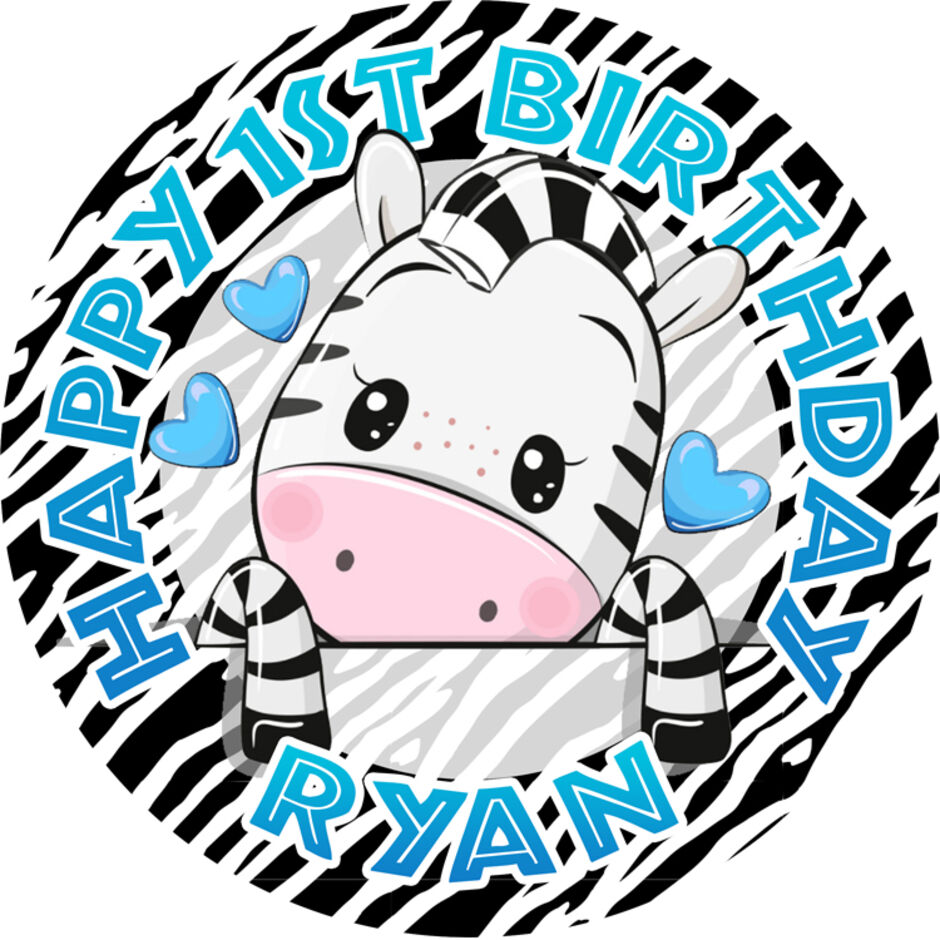 Zebra-Personalised-Round-Edible-Birthday-Cake-Topper-Blue-Text