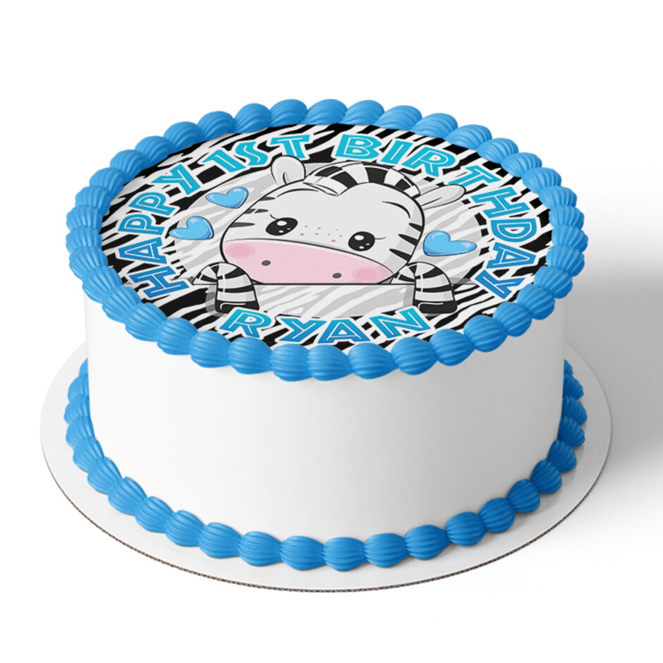 Zebra-Personalised-Round-Edible-Birthday-Cake-Topper-Cake-View-Blue-Text