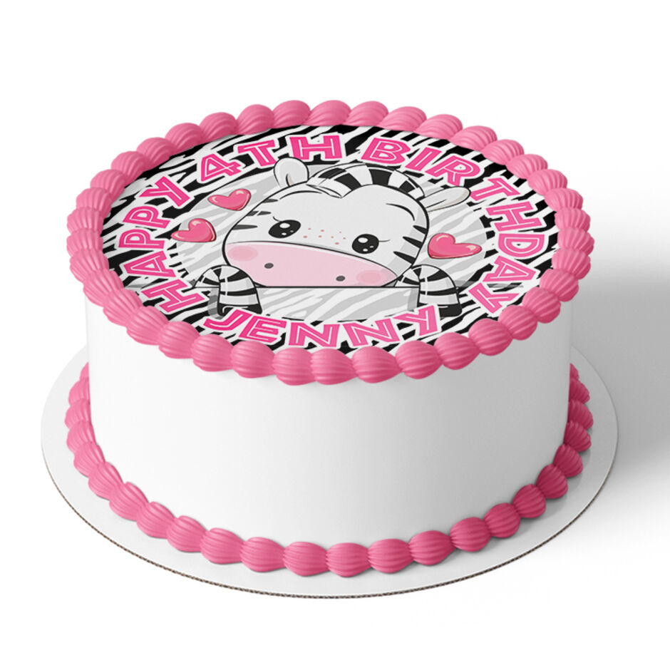 Zebra-Personalised-Round-Edible-Birthday-Cake-Topper-Cake-View-Pink-Text