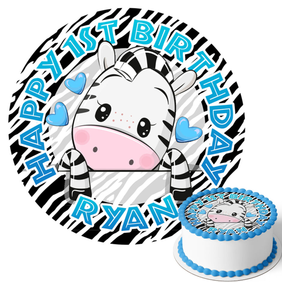 Zebra-Personalised-Round-Edible-Birthday-Cake-Topper-Main-Image-Blue-Text