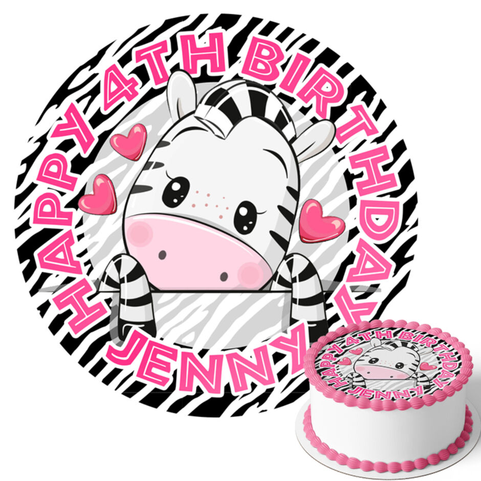 Zebra-Personalised-Round-Edible-Birthday-Cake-Topper-Main-Image-Pink-Text