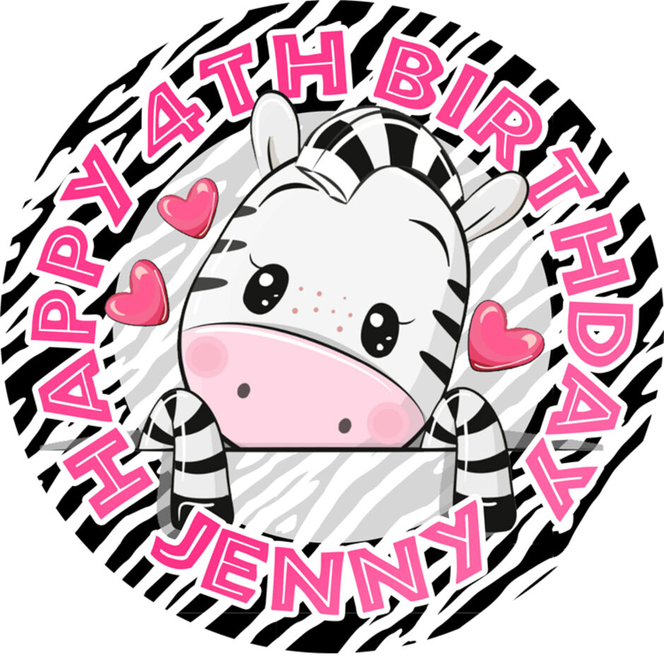 Zebra-Personalised-Round-Edible-Birthday-Cake-Topper-Pink-Text