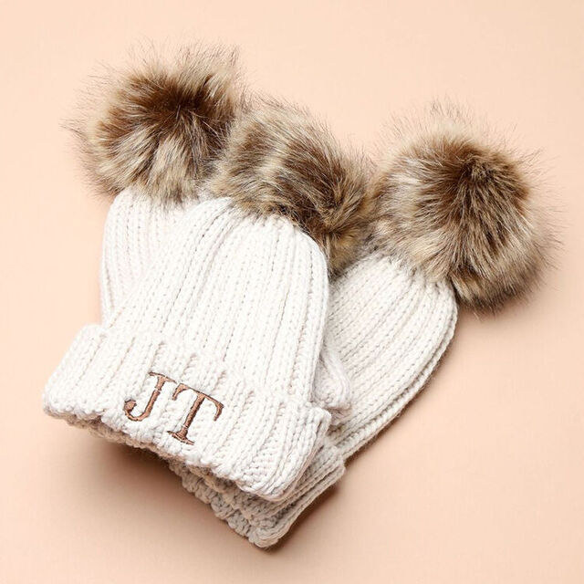 Personalised Embroidered  Oatmeal Faux Fur Initial Pom Hat
