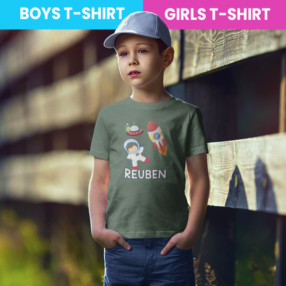 Space-Astronaut-and-Rocket-Personalised-Childrens-Short-Sleeve-Green-T-Shirt