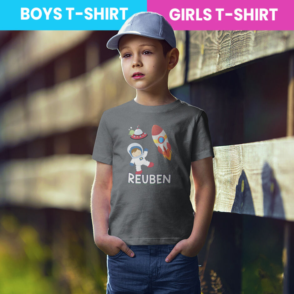Space-Astronaut-and-Rocket-Personalised-Childrens-Short-Sleeve-Grey-T-Shirt