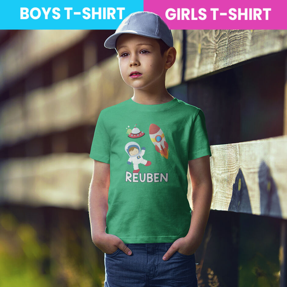 Space-Astronaut-and-Rocket-Personalised-Childrens-Short-Sleeve-Irish-Green-T-Shirt