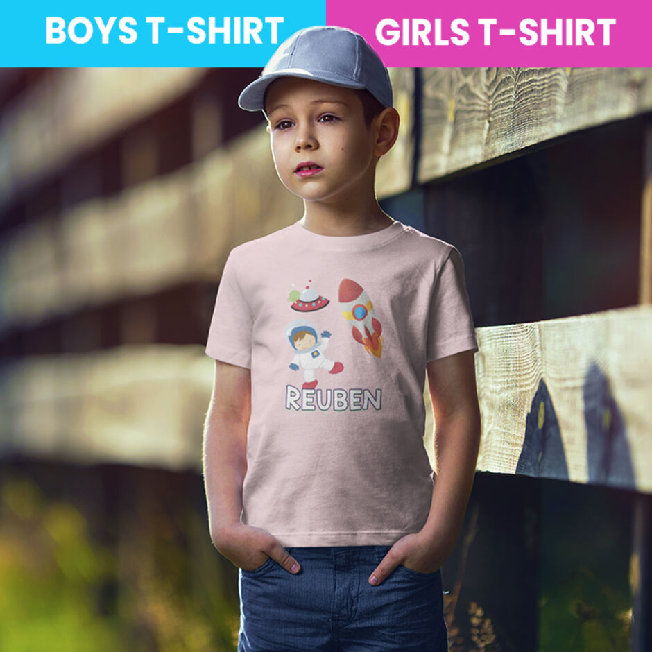 Space-Astronaut-and-Rocket-Personalised-Childrens-Short-Sleeve-Lighrt-Pink-T-Shirt