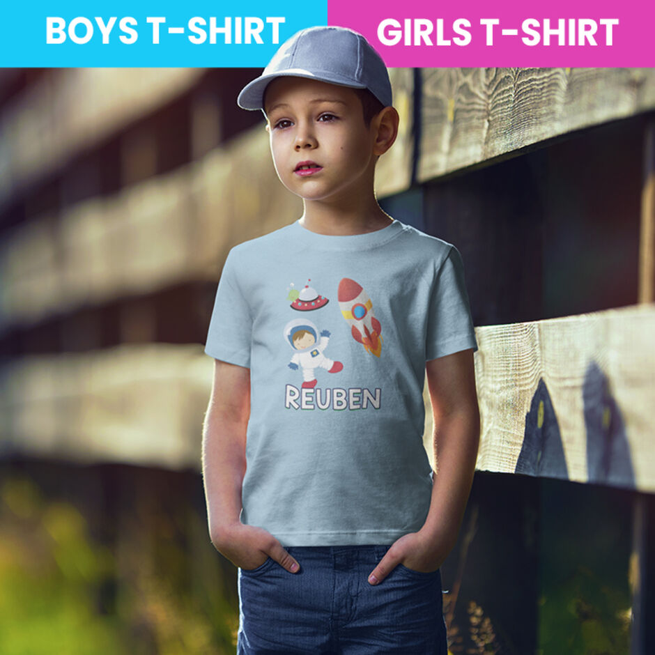 Space-Astronaut-and-Rocket-Personalised-Childrens-Short-Sleeve-Light-Blue-T-Shirt