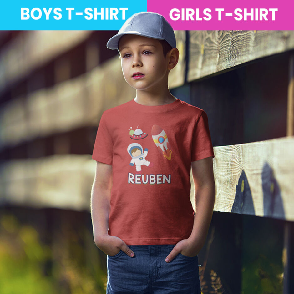 Space-Astronaut-and-Rocket-Personalised-Childrens-Short-Sleeve-Red-T-Shirt