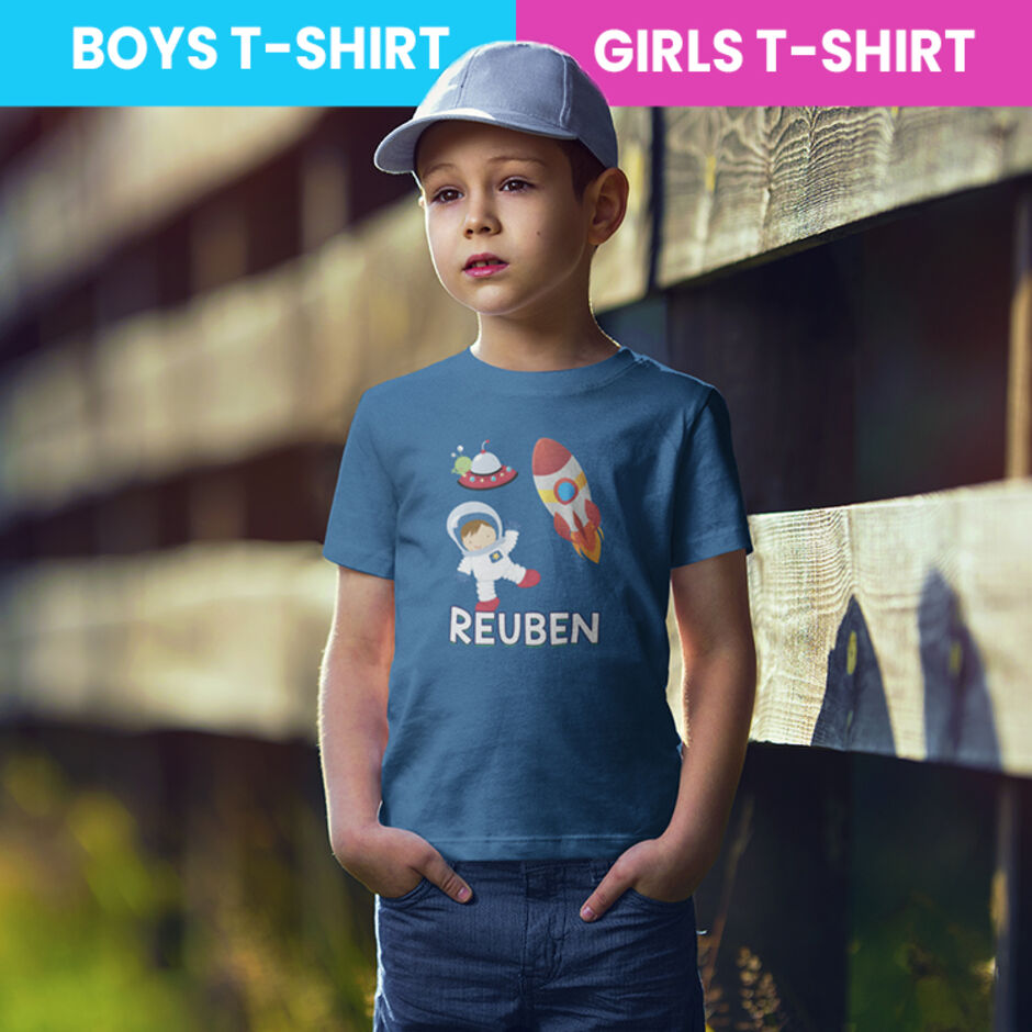 Space-Astronaut-and-Rocket-Personalised-Childrens-Short-Sleeve-Royal-Blue-T-Shirt