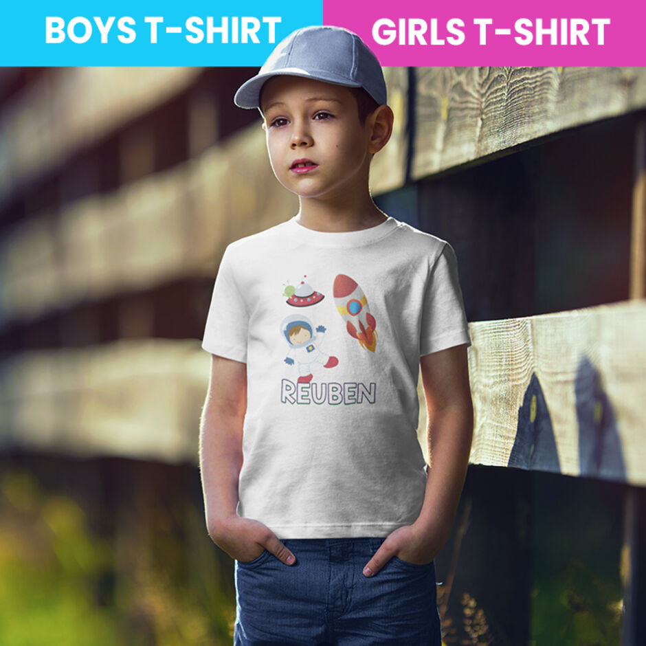 Space-Astronaut-and-Rocket-Personalised-Childrens-Short-Sleeve-White-T-Shirt