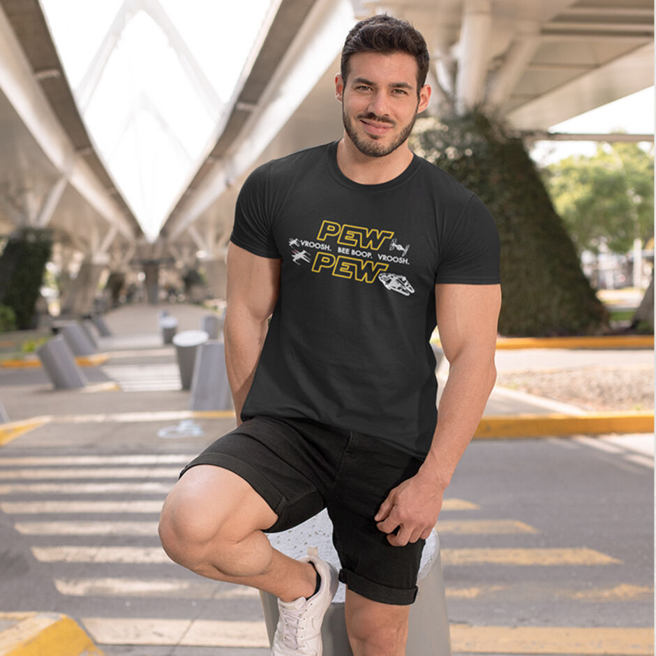Pew-Pew-Pew-Vroosh-Bee-Boop-Vroosh-Male-Short-Sleeve-Black-T-Shirt