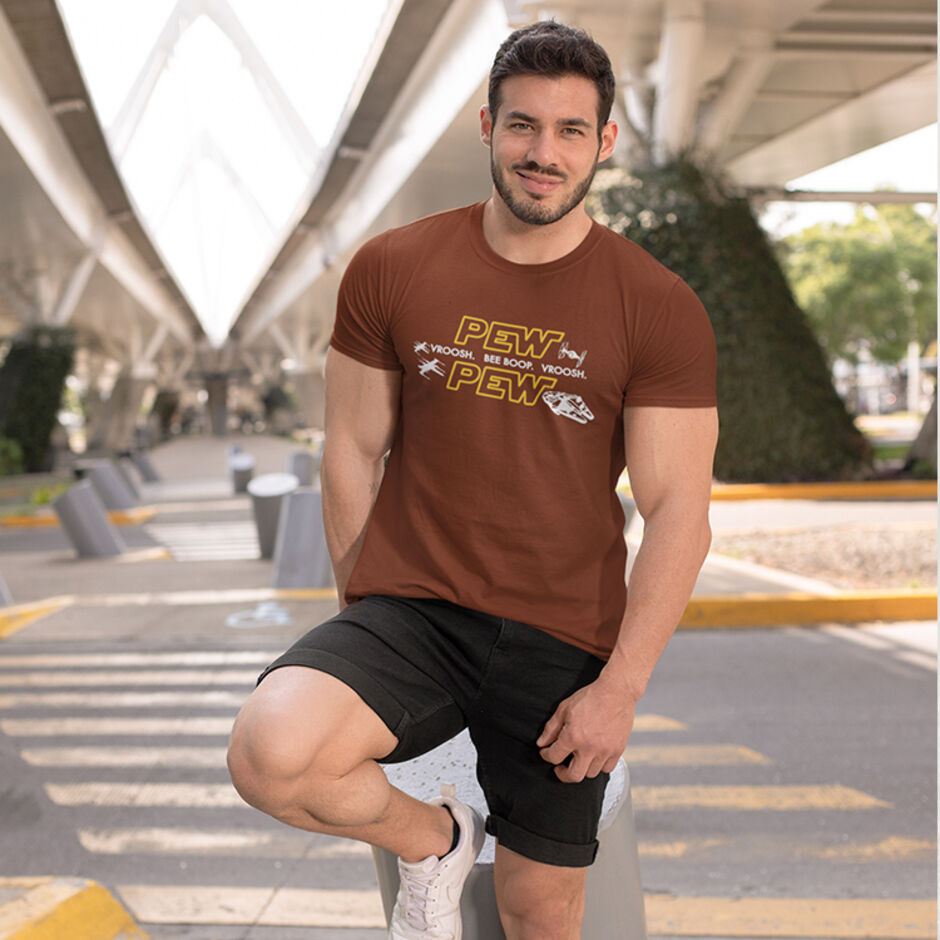 Pew-Pew-Pew-Vroosh-Bee-Boop-Vroosh-Male-Short-Sleeve-Brown-T-Shirt