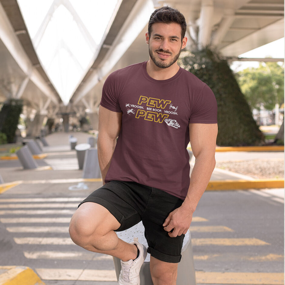 Pew-Pew-Pew-Vroosh-Bee-Boop-Vroosh-Male-Short-Sleeve-Burgundy-T-Shirt