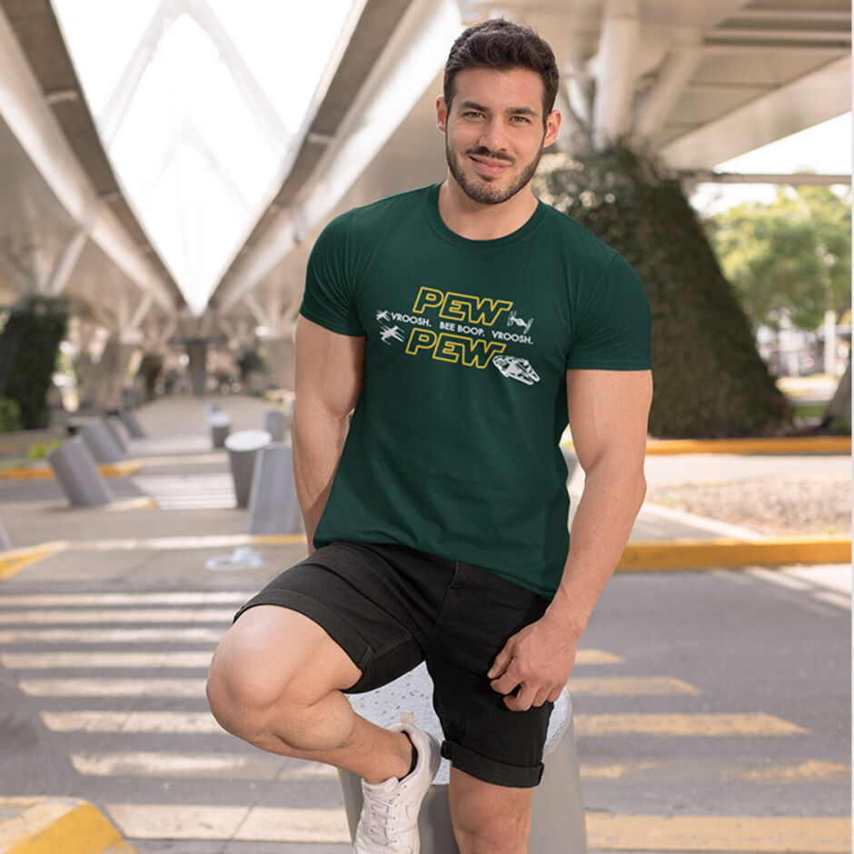 Pew-Pew-Pew-Vroosh-Bee-Boop-Vroosh-Male-Short-Sleeve-Green-T-Shirt