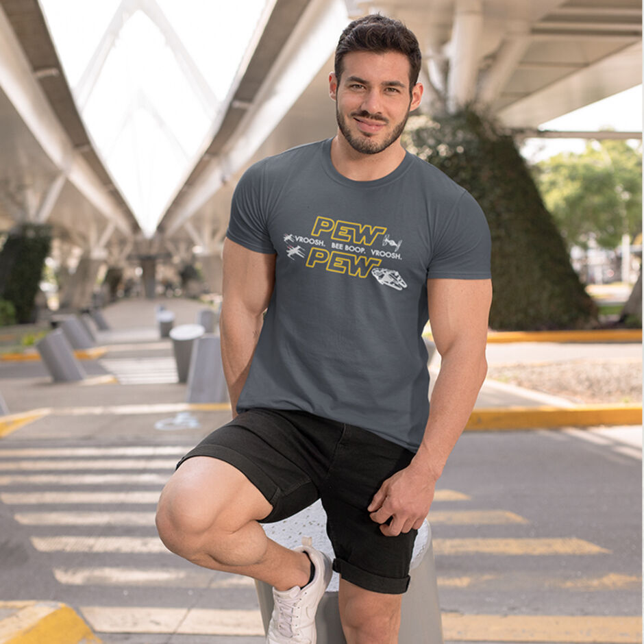 Pew-Pew-Pew-Vroosh-Bee-Boop-Vroosh-Male-Short-Sleeve-Grey-T-Shirt