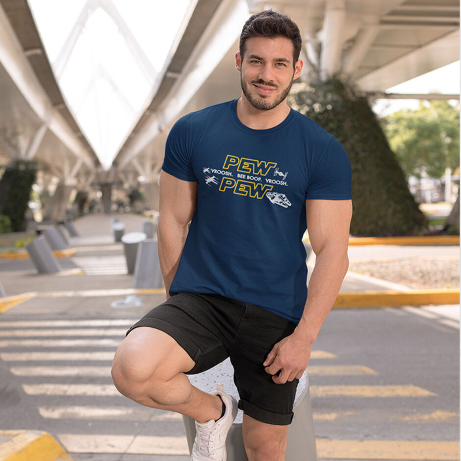 Pew-Pew-Pew-Vroosh-Bee-Boop-Vroosh-Male-Short-Sleeve-Navy-T-Shirt