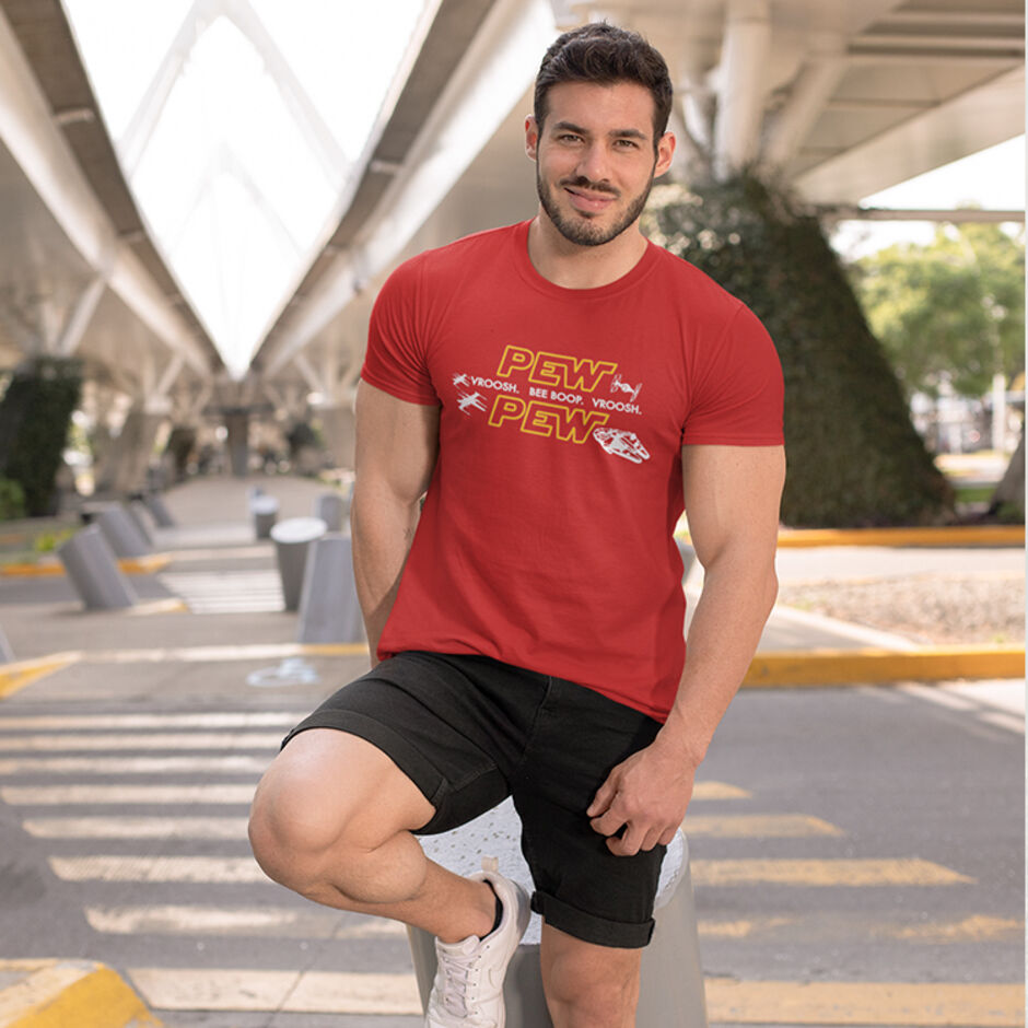Pew-Pew-Pew-Vroosh-Bee-Boop-Vroosh-Male-Short-Sleeve-Red-T-Shirt