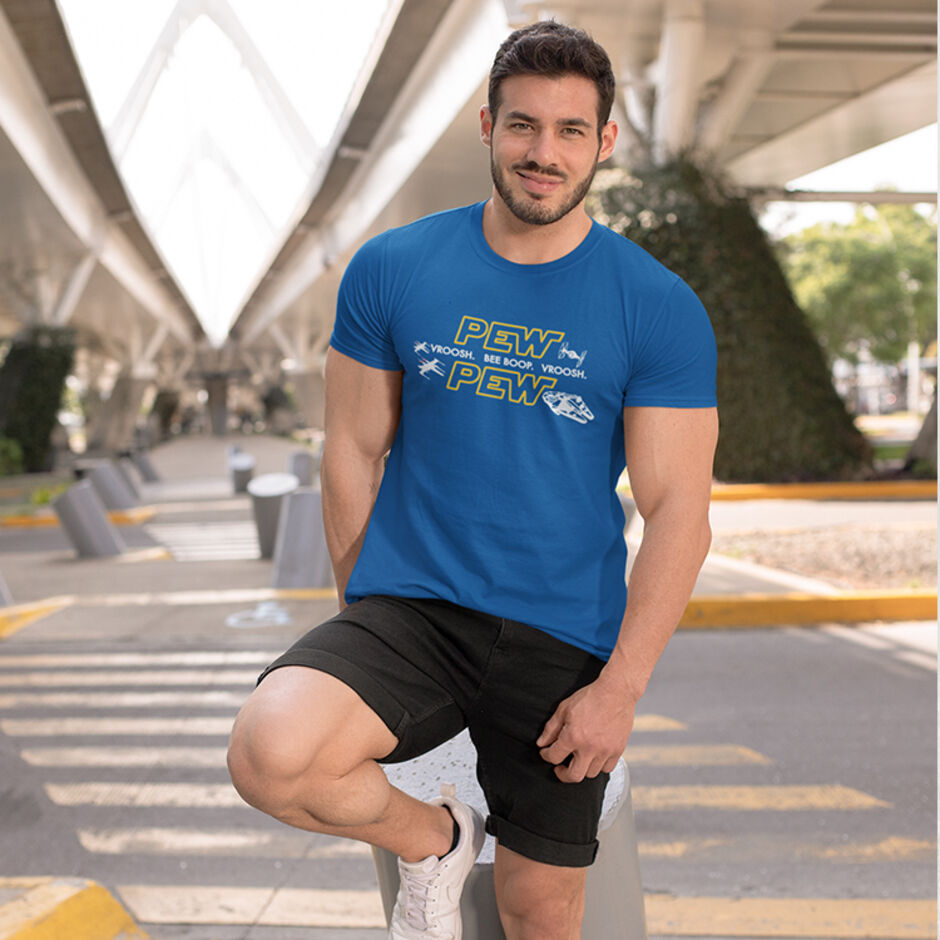 Pew-Pew-Pew-Vroosh-Bee-Boop-Vroosh-Male-Short-Sleeve-Royal-Blue-T-Shirt