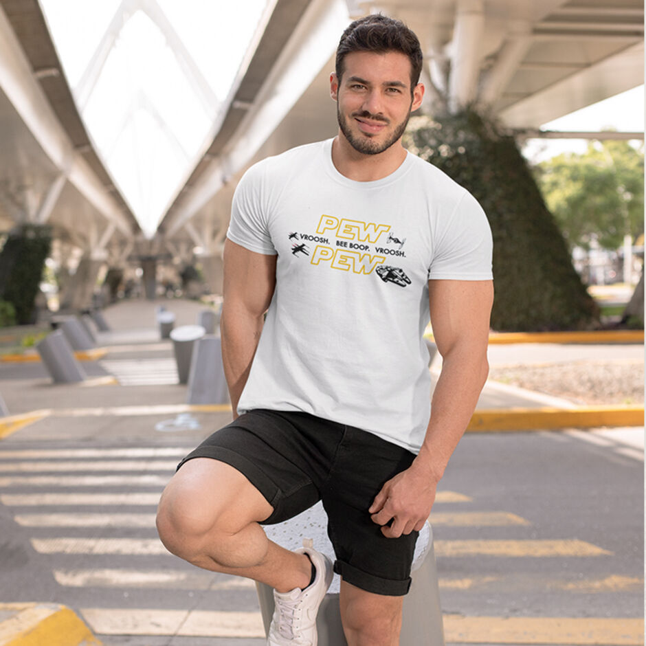 Pew-Pew-Pew-Vroosh-Bee-Boop-Vroosh-Male-Short-Sleeve-White-T-Shirt
