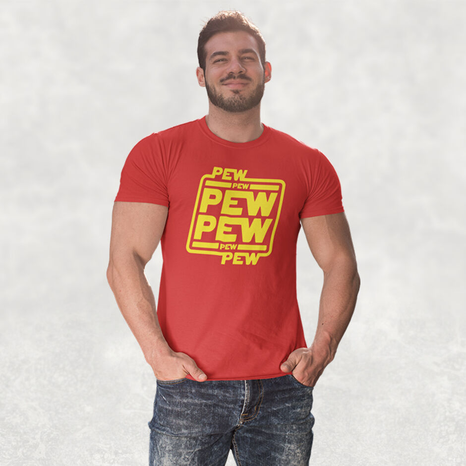 Pew-Pew-Pew-Male-Short-Sleeve-Red-T-Shirt
