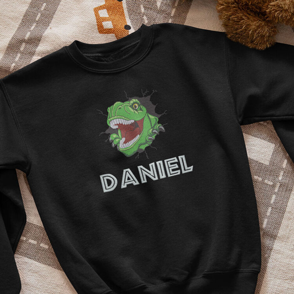 Personalised-T-Rex-Embroidered-Childrens-Black-Sweatshirt