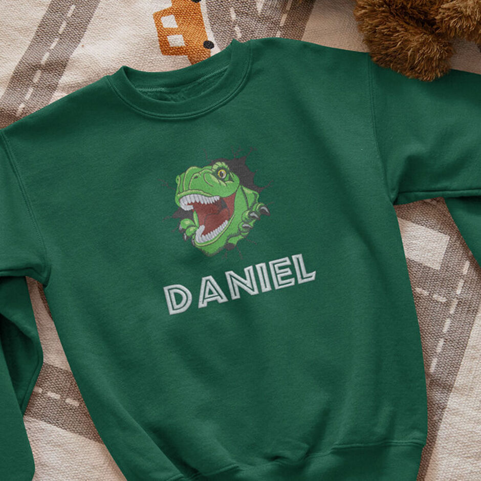 Personalised-T-Rex-Embroidered-Childrens-Bottle-Green-Sweatshirt