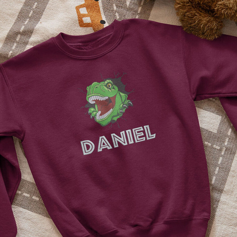 Personalised-T-Rex-Embroidered-Childrens-Burgundy-Sweatshirt
