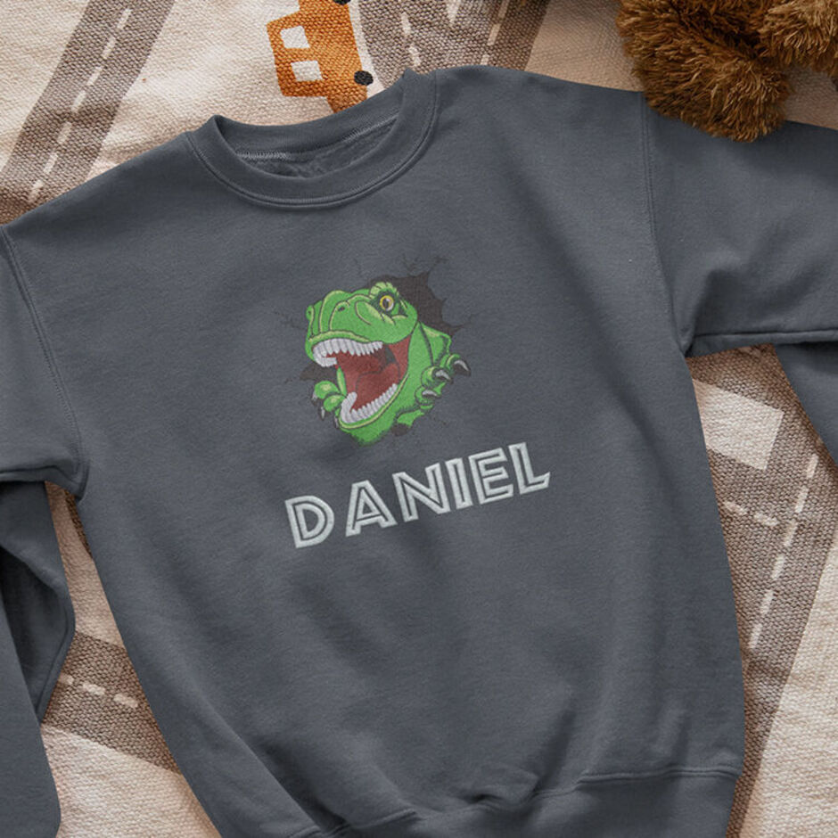 Personalised-T-Rex-Embroidered-Childrens-Grey-Sweatshirt