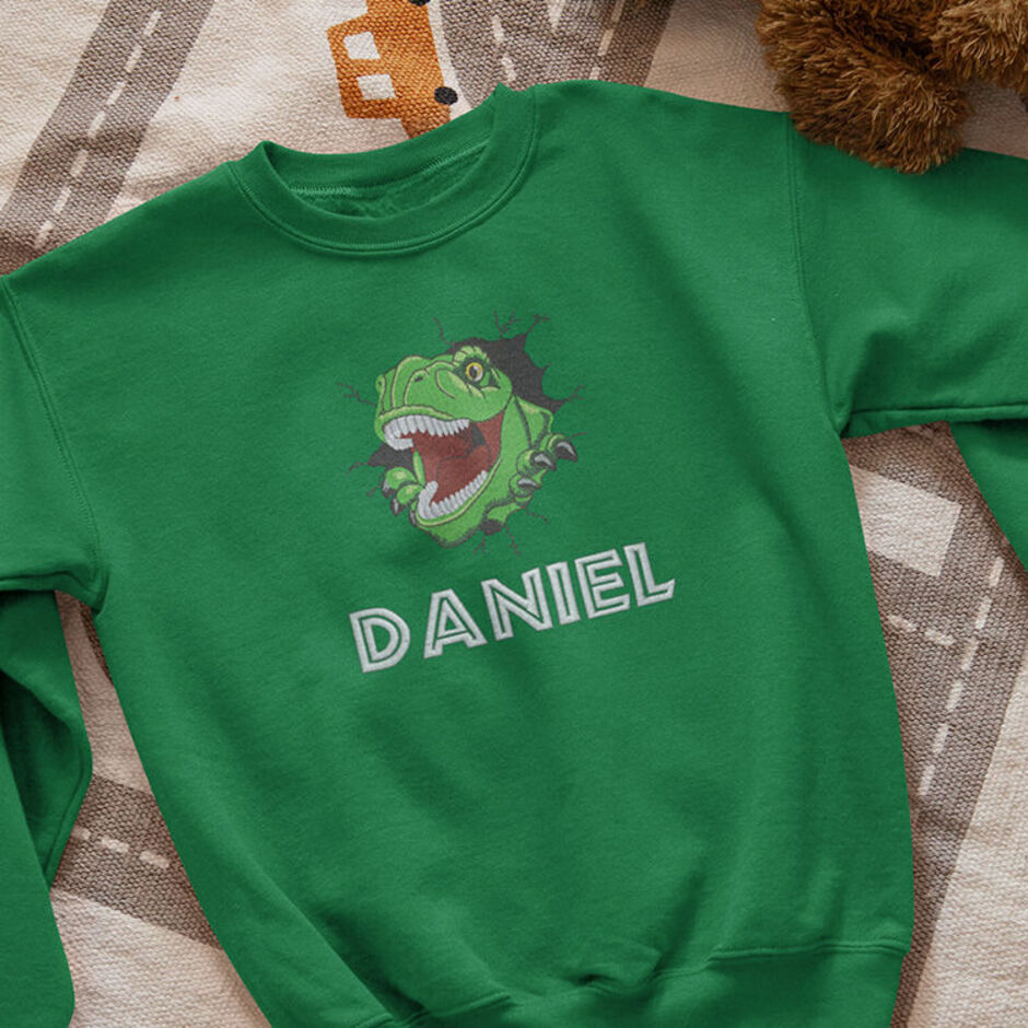 Personalised-T-Rex-Embroidered-Childrens-Kelly-Green-Sweatshirt